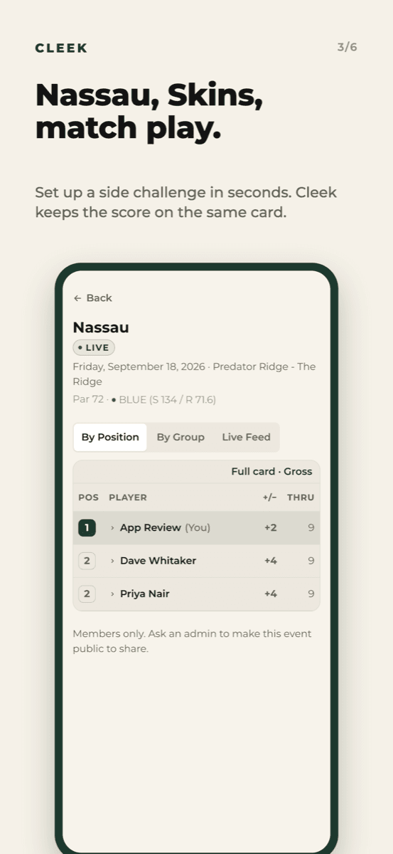 Cleek on iPhone: Nassau, Skins and match play on one card